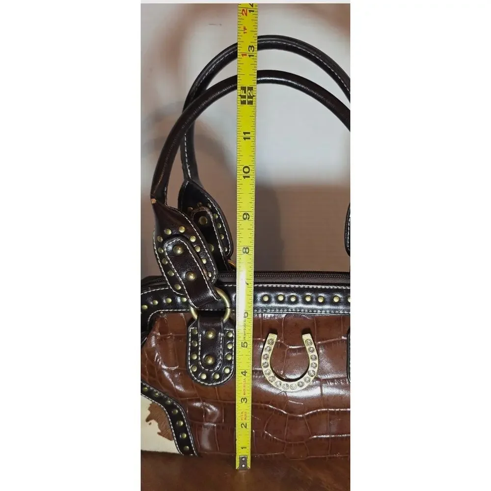 Western Studded Horseshoe Handbag Satchel Purse Croc Embossed Cowhide